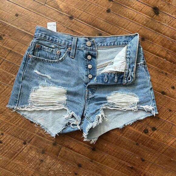 Levi 501 distressed button up cutoff W26 denim cutoff shorts - Picture 2 of 7